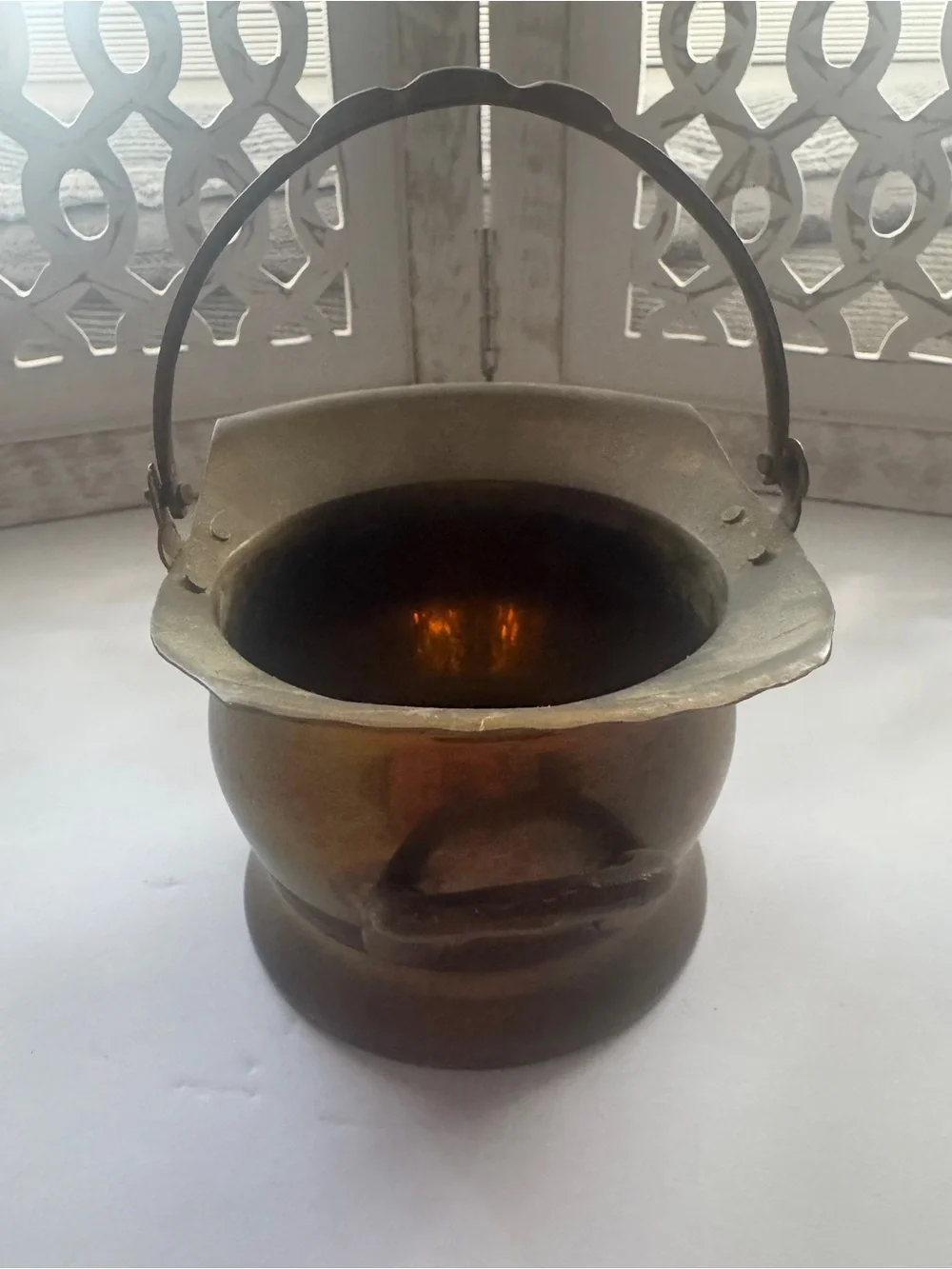 Vintage Solid Brass Coal Scuttle Basket Bucket Swing Handle 7” Fireplace Decor